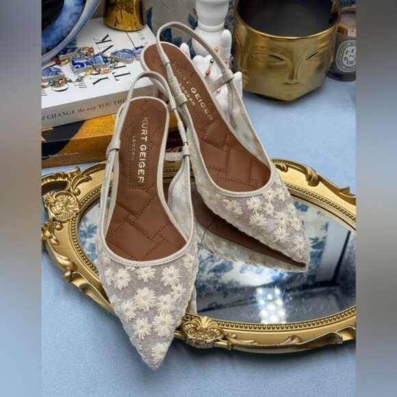 🆕 KURT GEIGER LONDON 🧿 NWOB Belgravia Floral Mesh Sling Back Heel, Cream Sz 7 - Picture 5 of 15